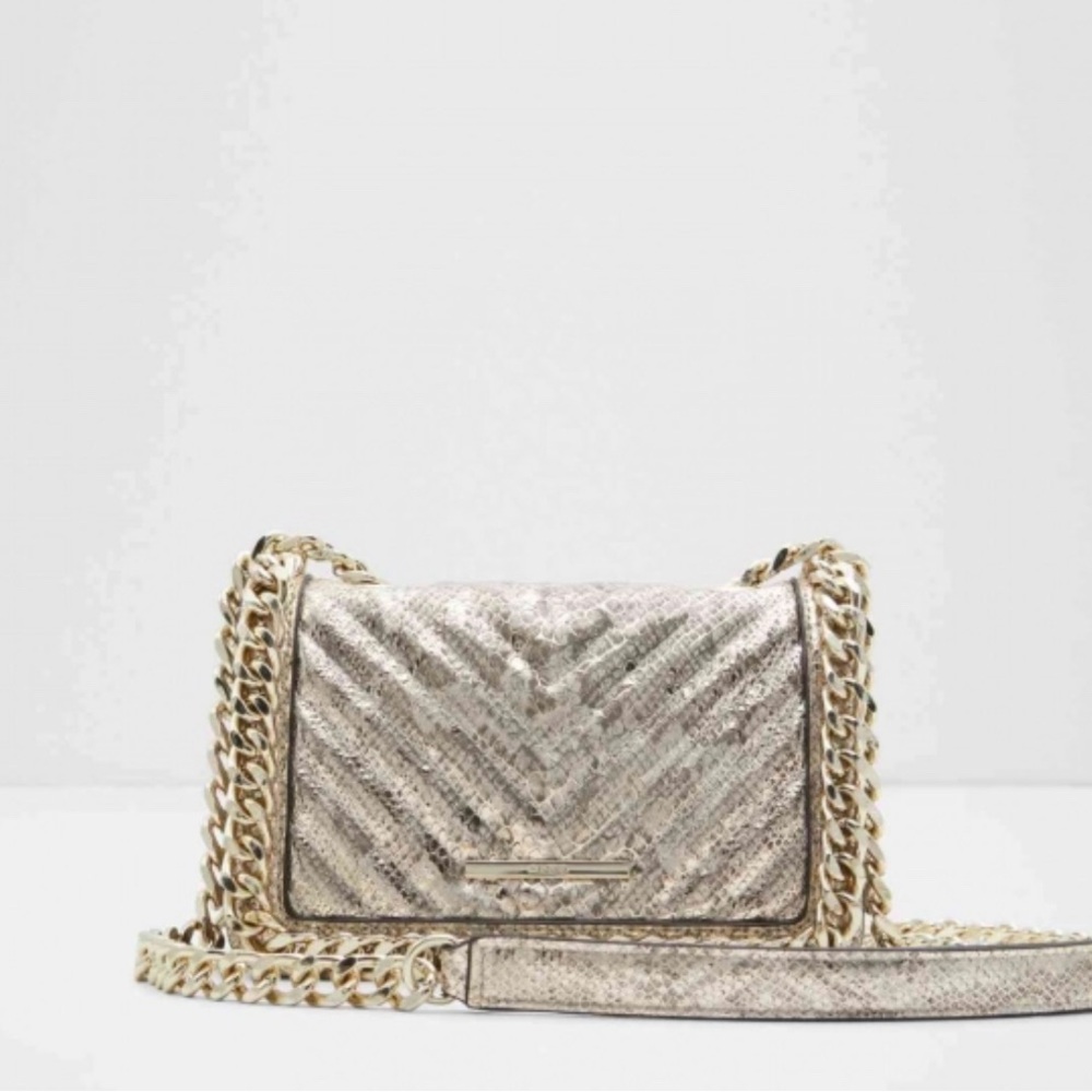 Aldo Metallic Gold Snakeskin Quilted Chain Bag
